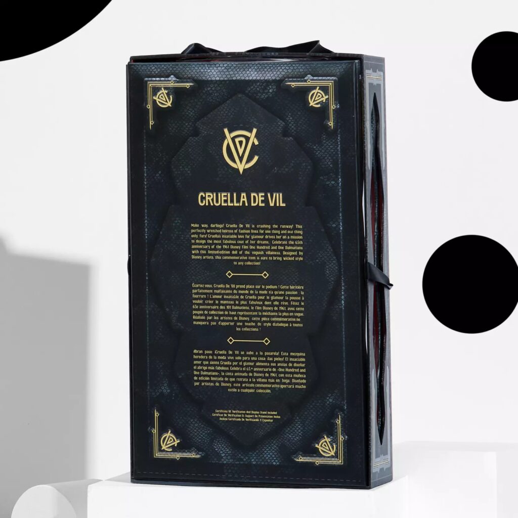 Cruella De Vil Limited Edition Doll –101 Dalmatians 65th Anniversary – Limited Edition – 16'' (back of box)